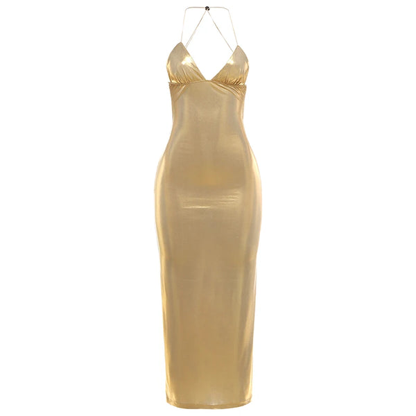 Kliou Sexy Gold Long Dress Woman 2026 Spring New Style Low-Neck Cross Butterfly Bandage Backless Vacation Beach Style Vestidos