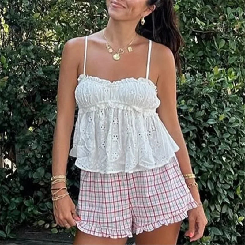 Ivory Eyelet Embroidery Ruffle Peplum Spaghetti Strap Cami Top