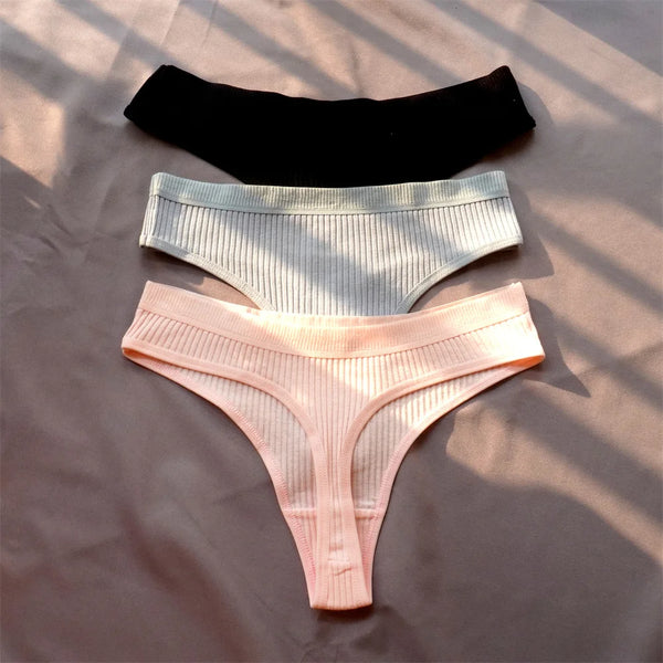 Mirelle Ribbed Cotton Thong Pack Lingerie 3-piece
