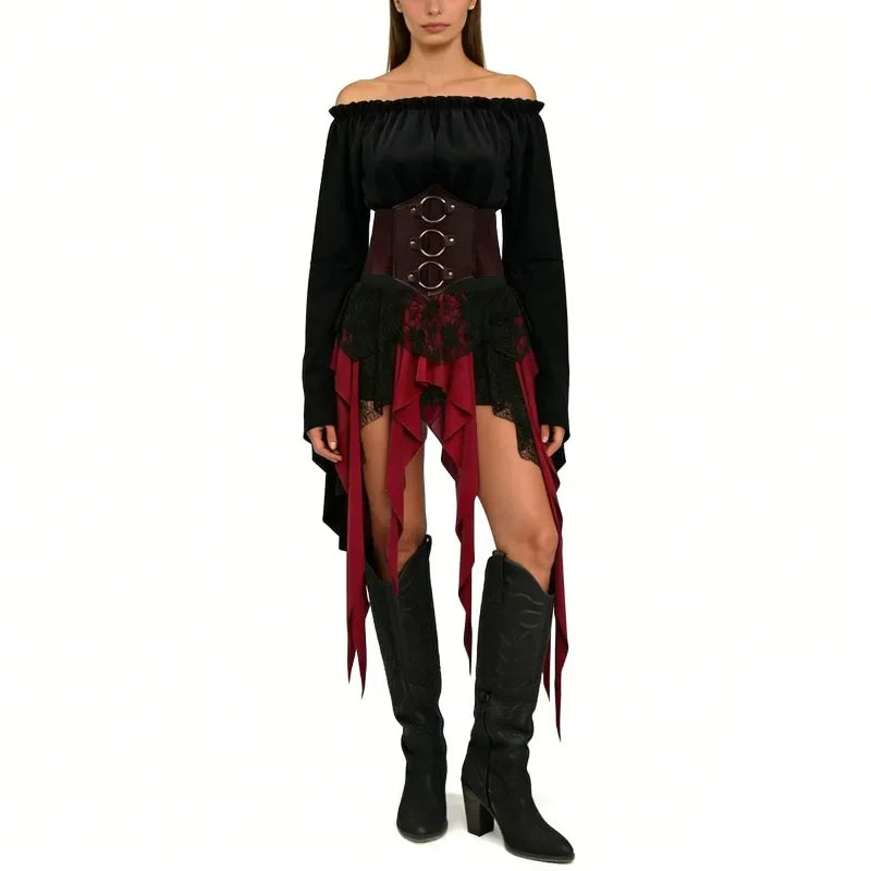 Isadora Pirate Costume Separates: Off-Shoulder Top, Tattered Skirt & Accessories