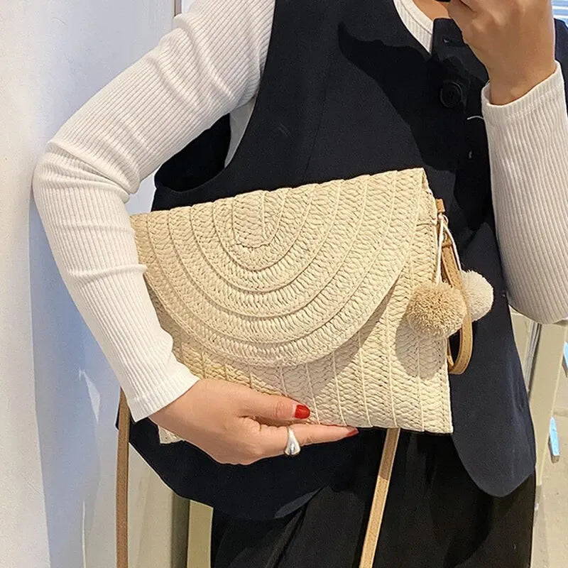 Soleil Woven Straw Envelope Crossbody Bag