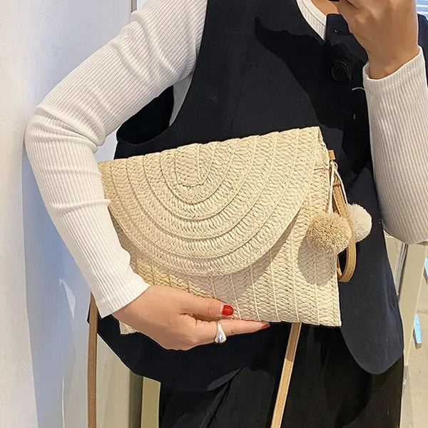 Soleil Woven Straw Envelope Crossbody Bag