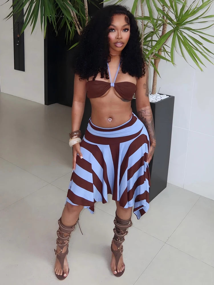 Kliou Beach Sexy Style 3 Piece Set Woman Halter Rope+Wrap Chest Tops+Stripe Patchwork Mid Skirts Summer Holiday Fashion Outfits