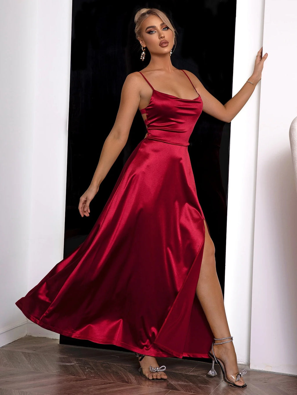 Yissang Lace Up Backless Split Thigh Draped Collar Cami Dress