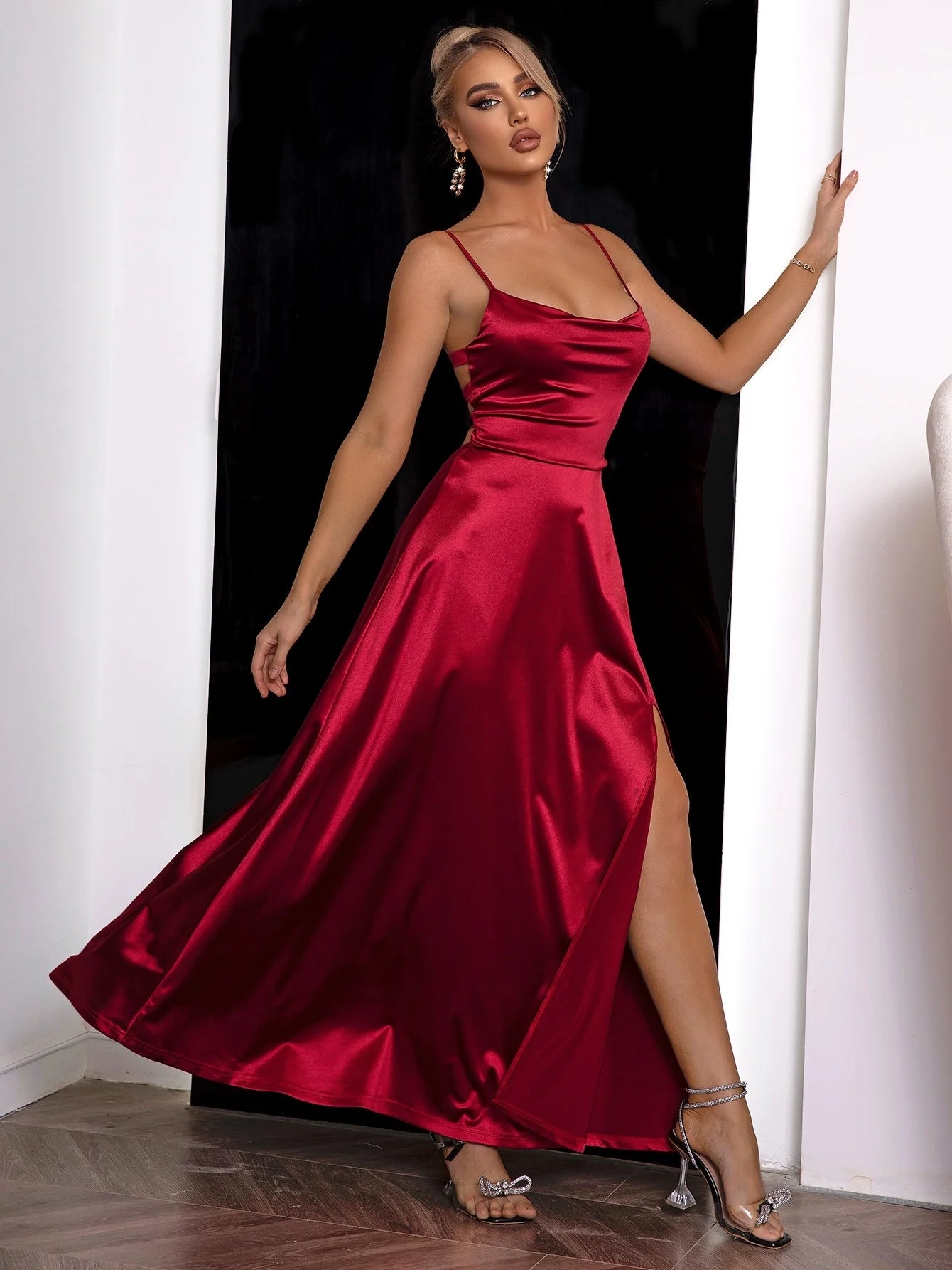 Yissang Lace Up Backless Split Thigh Draped Collar Cami Dress