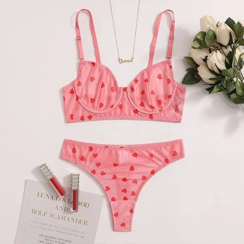 Ingeborg Heart Print Sheer Mesh Underwire Bra & Brief Lingerie Two-piece Secondary image