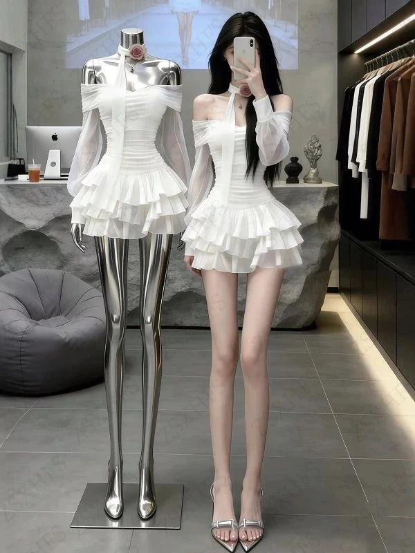 Brielle Sheer Mesh Long-Sleeve Ruched Tiered Ruffle Mini Dress