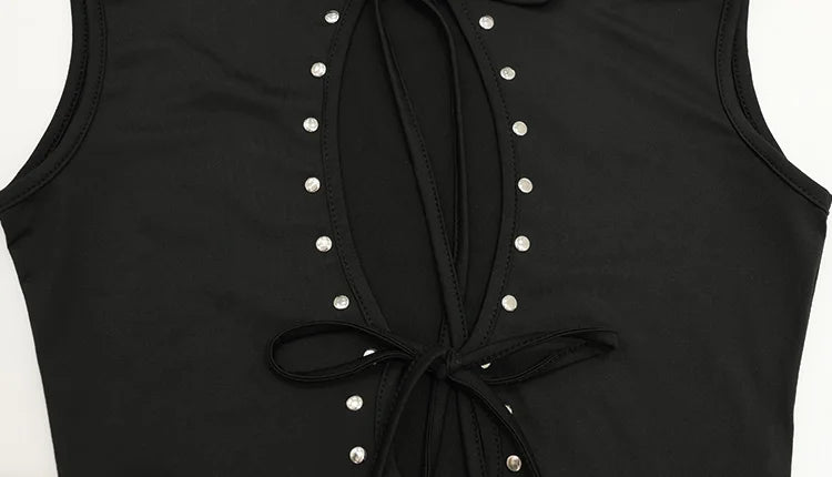Huhugirl Fashion 2026 New T-Shirts Tees Tops Hollow Out Solid Slim Sleeveless Half High Collar Party Dark Club Street Style Chic