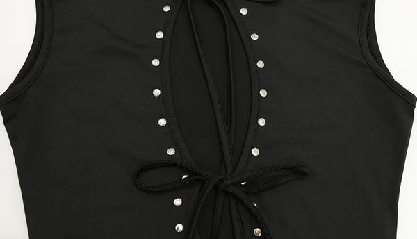 Huhugirl Fashion 2026 New T-Shirts Tees Tops Hollow Out Solid Slim Sleeveless Half High Collar Party Dark Club Street Style Chic