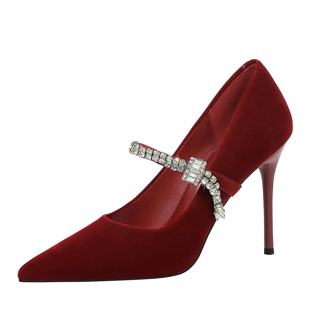 European and American Pointed Head Shallow Mouth Rhinestone Word with Banquet Thin Heel High Heel Women's Single Shoes