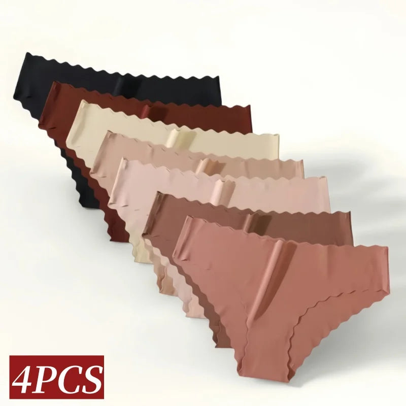 4Pcs/Set Ice Silk Mid-Rise Panties Women's Seamless Briefs Solid No Show Underwear Scalloped Edge Panties Sexy Lingerie XS-XL Main image
