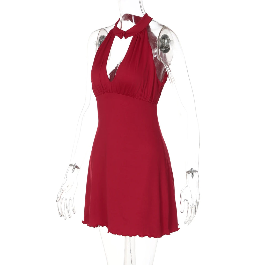Ruby Ruched Ruffle Halter Mini Dress