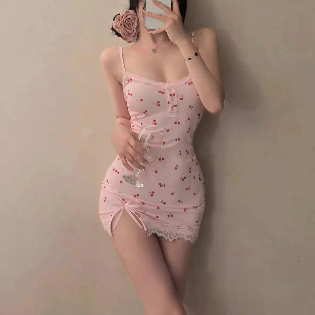 Cerise Cherry-Print Lace-Trim Nightgown Lingerie