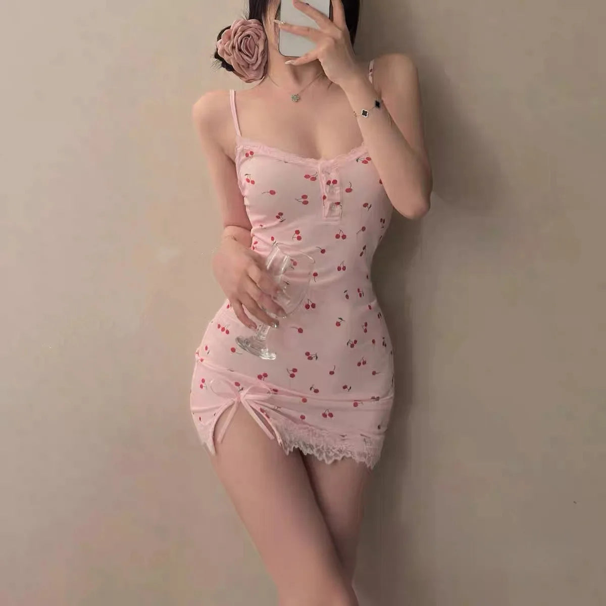 Cerise Cherry-Print Lace-Trim Nightgown Lingerie