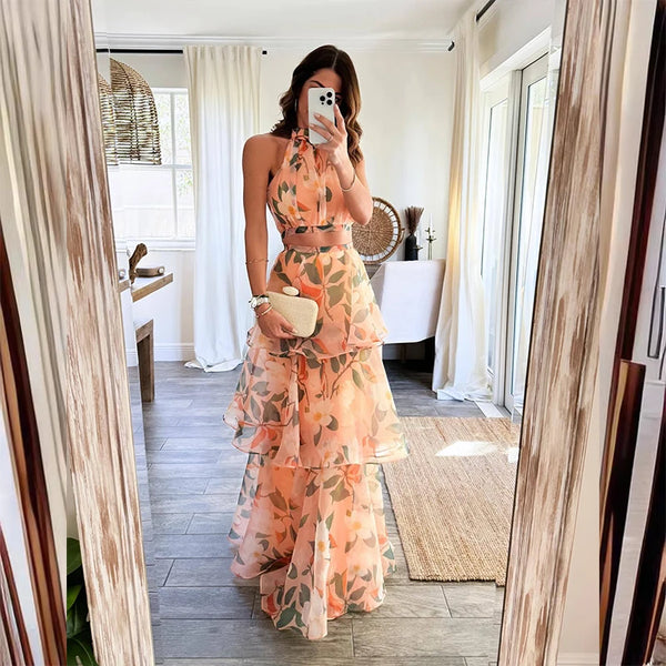 Jolanda Tie-Dye Print Halter Crop Top & Tiered Ruffle Maxi Skirt