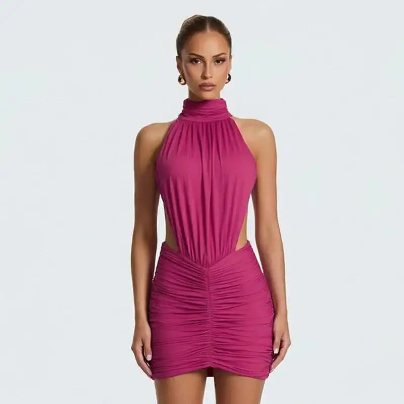 Marcella High-Neck Ruched Backless Mini Dress