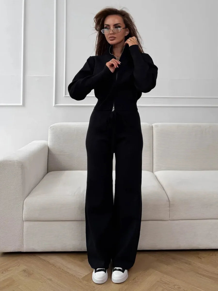Sigourney Knit Zip-Up Cropped Cardigan & Wide-Leg Pants Two-Piece Set