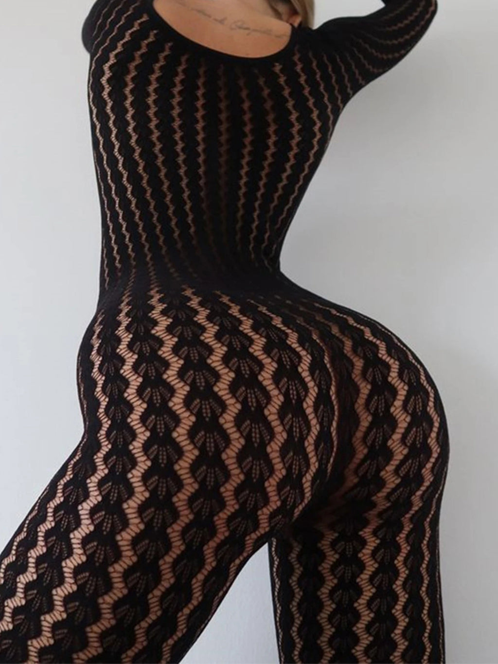 Veda Sheer Long-Sleeve Bodycon Jumpsuit One-piece