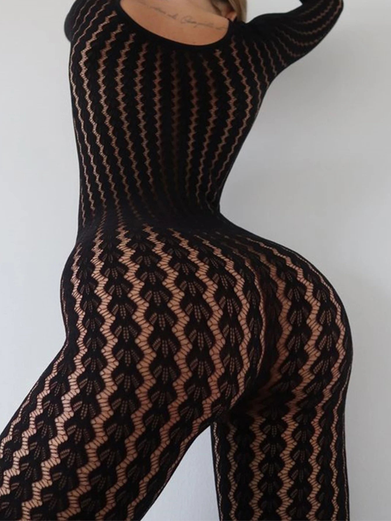 Veda Sheer Long-Sleeve Bodycon Jumpsuit One-piece
