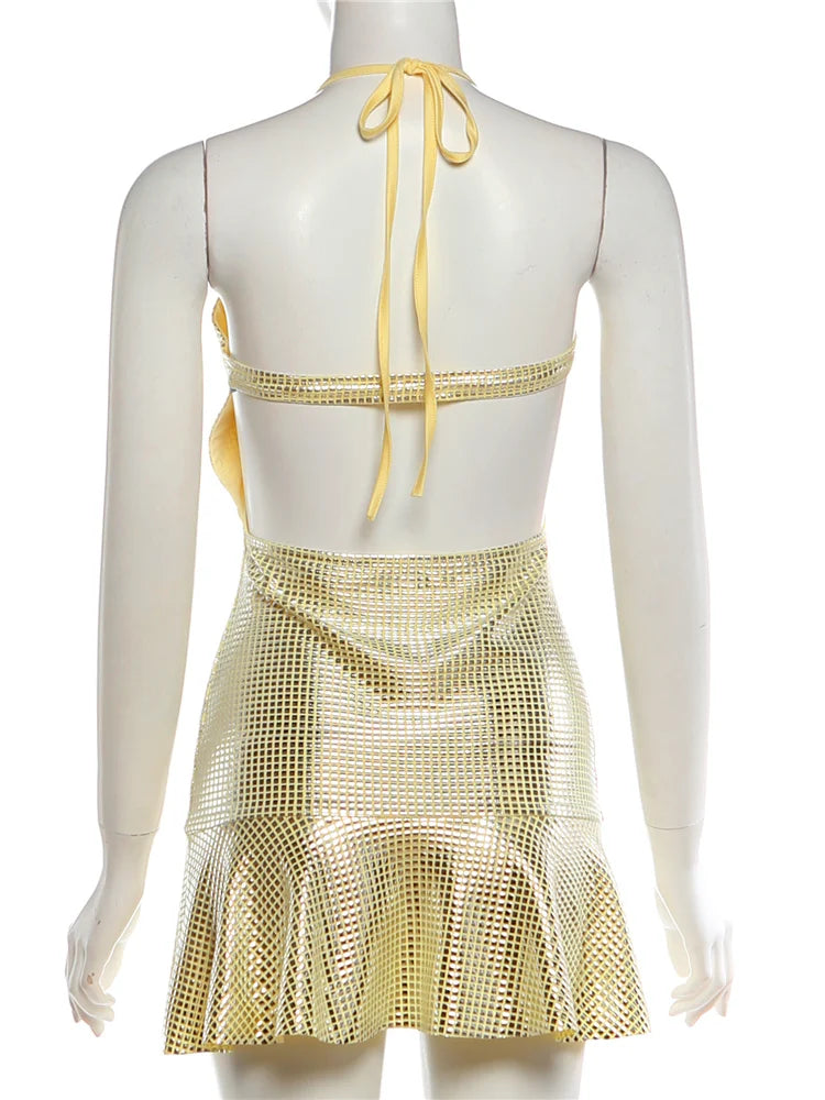 Evdokia Sequin Mesh Plunge Halter Cutout Backless Ruffle-Hem Mini Dress