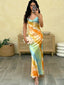 Clothilde Tie-Dye Satin Cowl-Neck Chain-Strap Backless Maxi Dress
