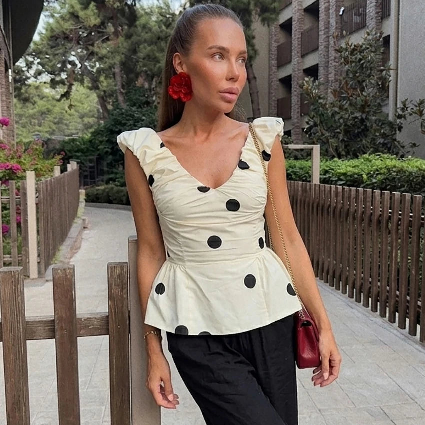 Linad Vintage Polka Dot Backless Tank Tops Summer Street Chic Slim Deep V Neck Vest Casual Ruffles Sleeveless Tops Woman 2026