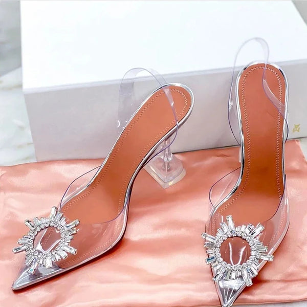 34-45 PVC Transparent Crystal Shoes 2024 Summer New Pointed Odd Heel Shoes Stiletto Ladies Sun Decoration Wild Fairy Shoes