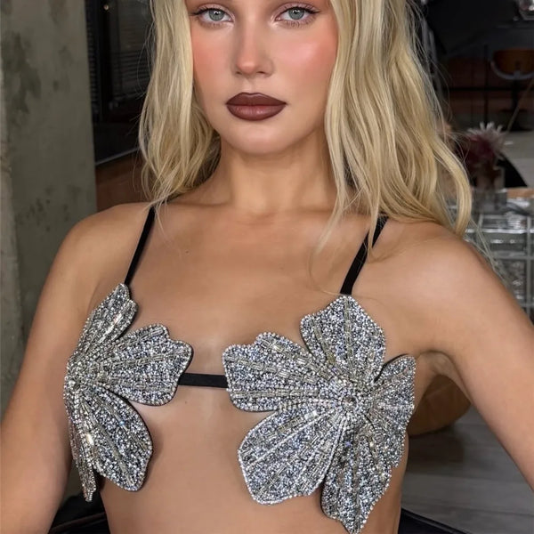 hirigin Handmade Women Sexy Carnival Festival Bralette Outfit Female Rhinestone Embellished Top Flora Crystal Bra Top Party Club