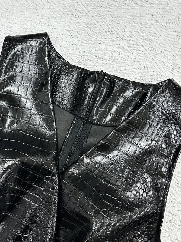 Rhosyn Croc-Embossed Faux Leather V-Neck Sleeveless Bodycon Mini Dress