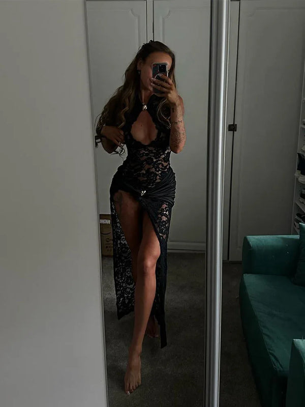 Seraphita Lace Keyhole Mock-Neck High-Slit Maxi Dress