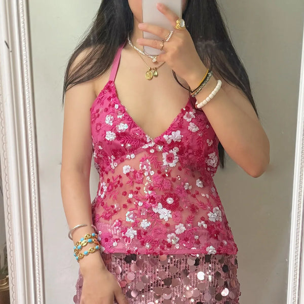 hirigin Sequin Halter Top for Women Sexy Deep V Neck Beaded Tops Sparkly Glitter Tank Top Going Out Rave Outfits Party Clubwear
