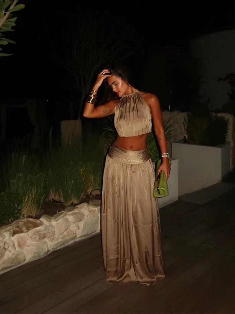 Pilar Lace-Up Halter Crop Top & Pleated Maxi Skirt Two-piece