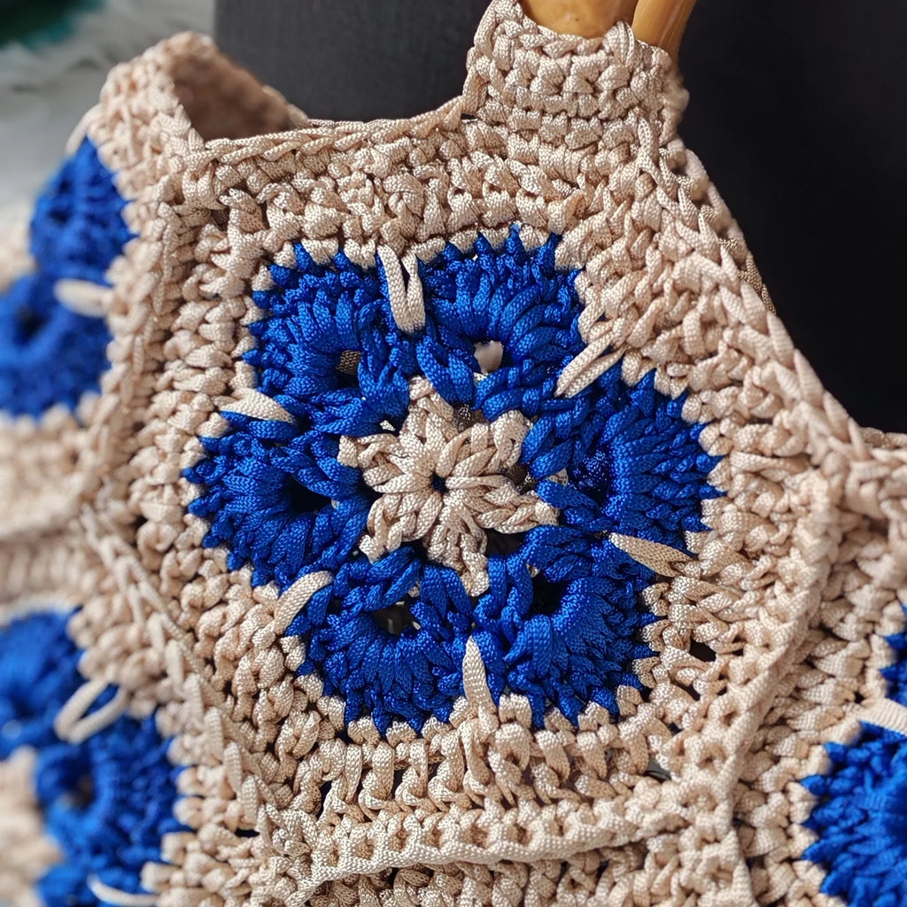 Wilhelmina Handmade Crochet Granny Square Tote Bag with Bamboo Handle