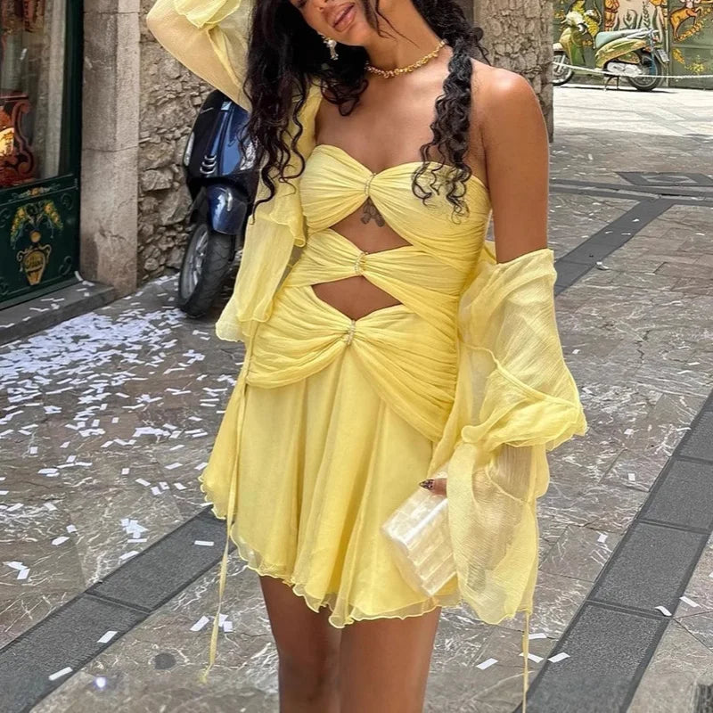 Eirlys Strapless Pleated Cutout Mini Dress