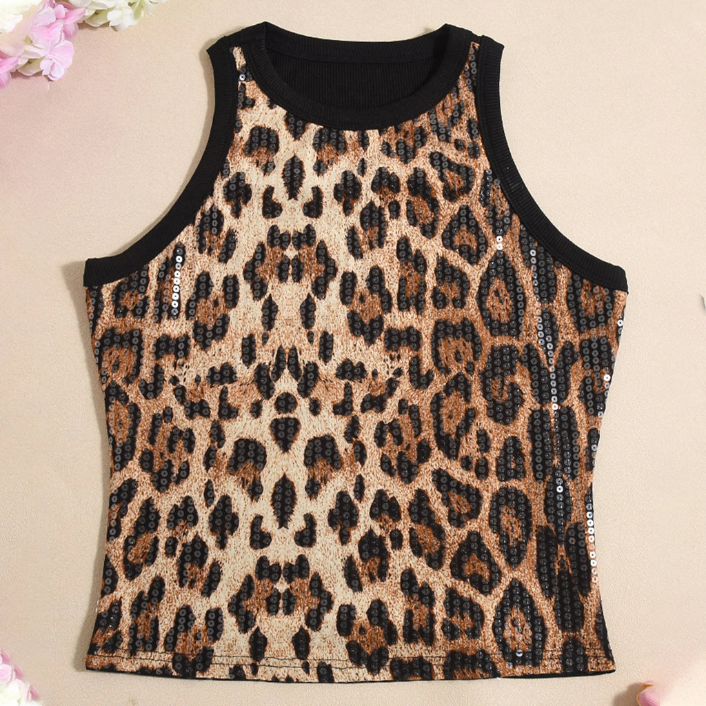 hirigin Women's Summer Slim Fit Vest Crop Tops Sleeveless Round Neck Sequins/Leopard Print Cami Tank Tops Y2K Party Clubwear