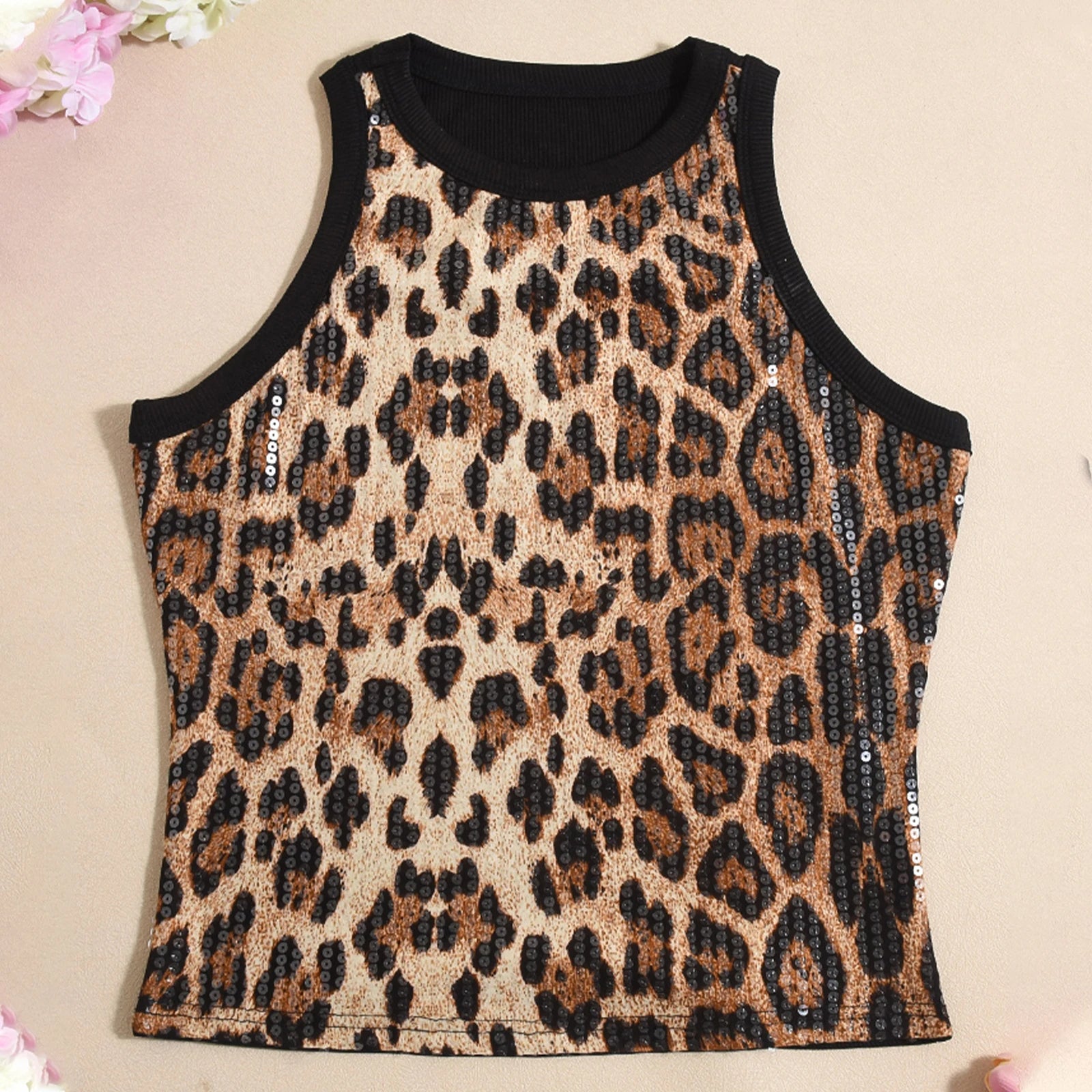 hirigin Women's Summer Slim Fit Vest Crop Tops Sleeveless Round Neck Sequins/Leopard Print Cami Tank Tops Y2K Party Clubwear