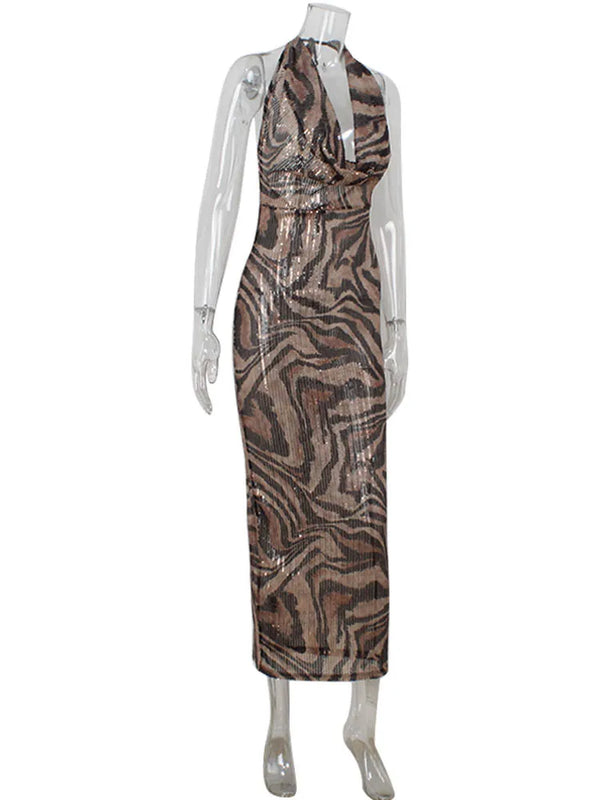 Savannah Leopard Halter Backless Maxi Dress