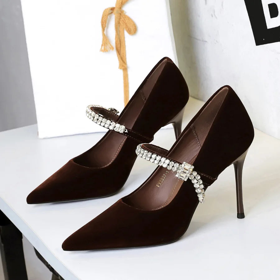 European and American Pointed Head Shallow Mouth Rhinestone Word with Banquet Thin Heel High Heel Women's Single Shoes