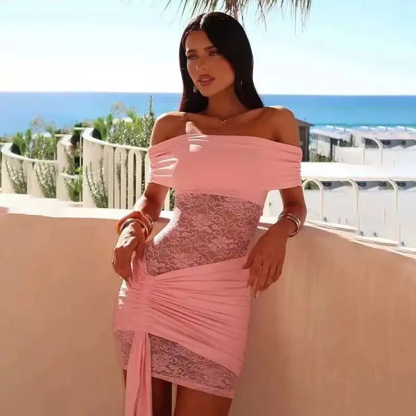 Valentina Off-Shoulder Lace-Patchwork Mini Dress