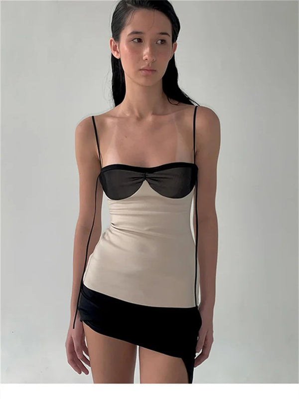 Kalliope Contrast Bandeau Patchwork Asymmetric Cami Mini Dress
