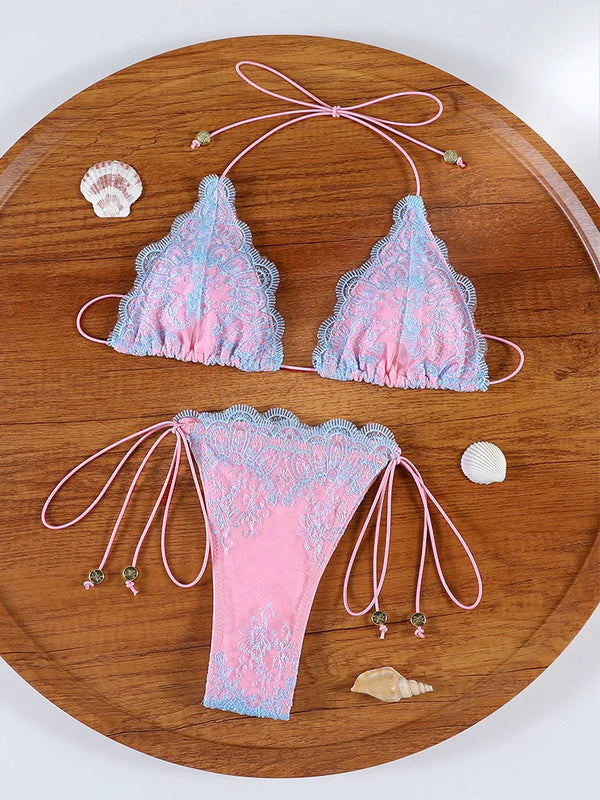 Sexy Hollow Lace Bikinis Patchwork Swimsuit Women Bathing Suits Bandage Swimwear Mujer Beachwear Triangle Bikini Set