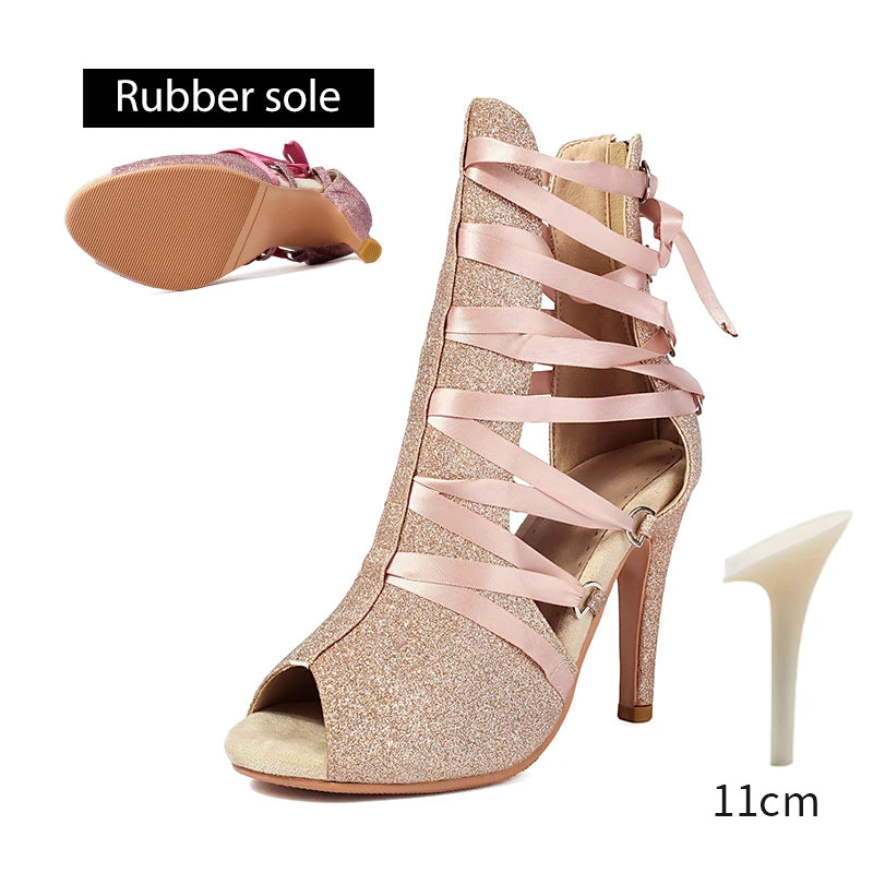 DKZSYIM Women Dance Boots Girls Ladies Jazz Dancing Shoes Thin Heels Glitter Shining Latin Indoor Party Dance Shoes Personalized