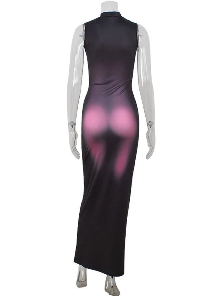 Annunziata Abstract Print Turtleneck Sleeveless Bodycon Maxi Dress