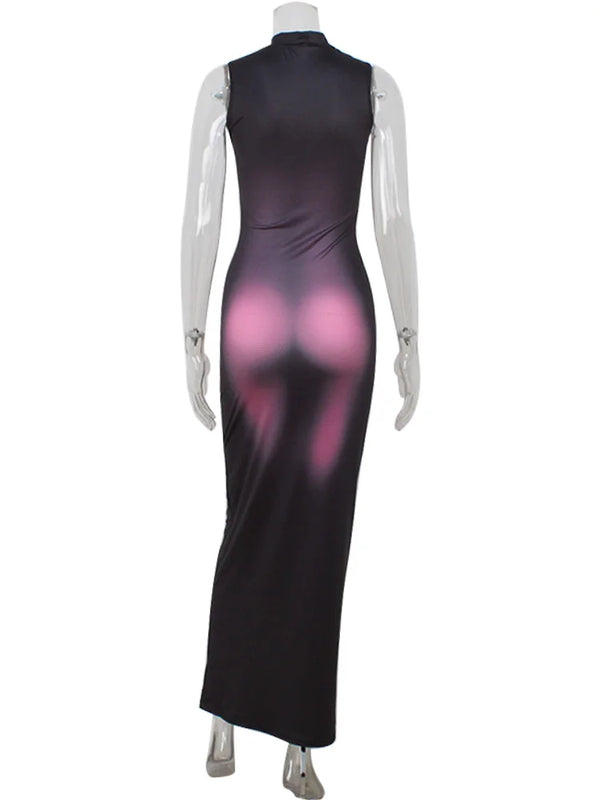 Annunziata Abstract Print Turtleneck Sleeveless Bodycon Maxi Dress