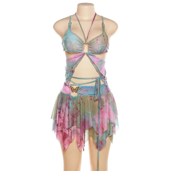 Gwynedd Y2K Ruffle Tie-Dye Crop Top & Wrap Mini Skirt Set