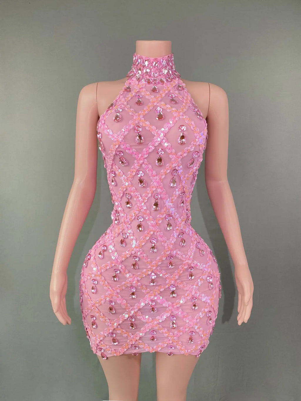 Selena Crystal Sheer Bodycon Halter Mini Dress