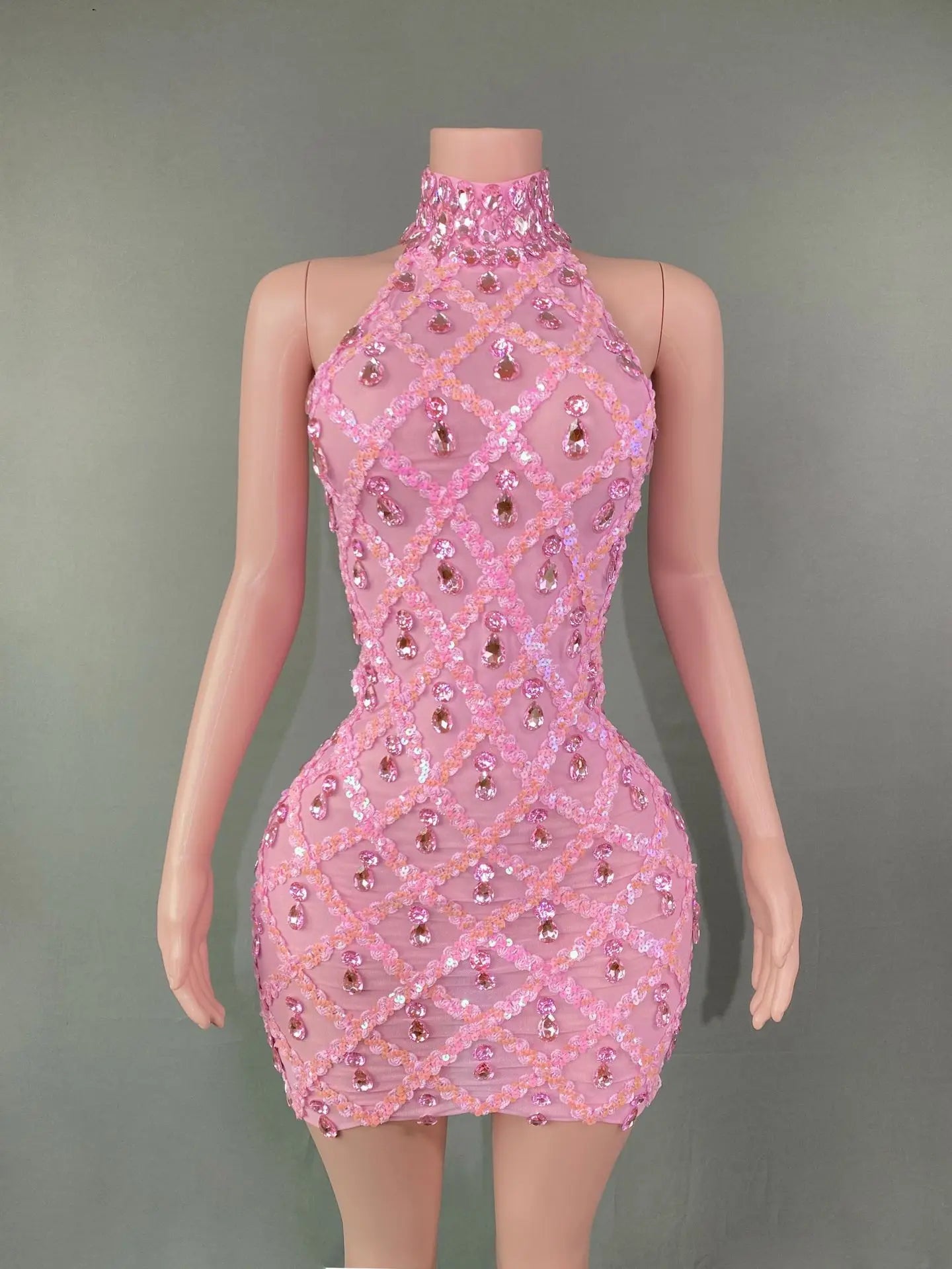 Selena Crystal Sheer Bodycon Halter Mini Dress