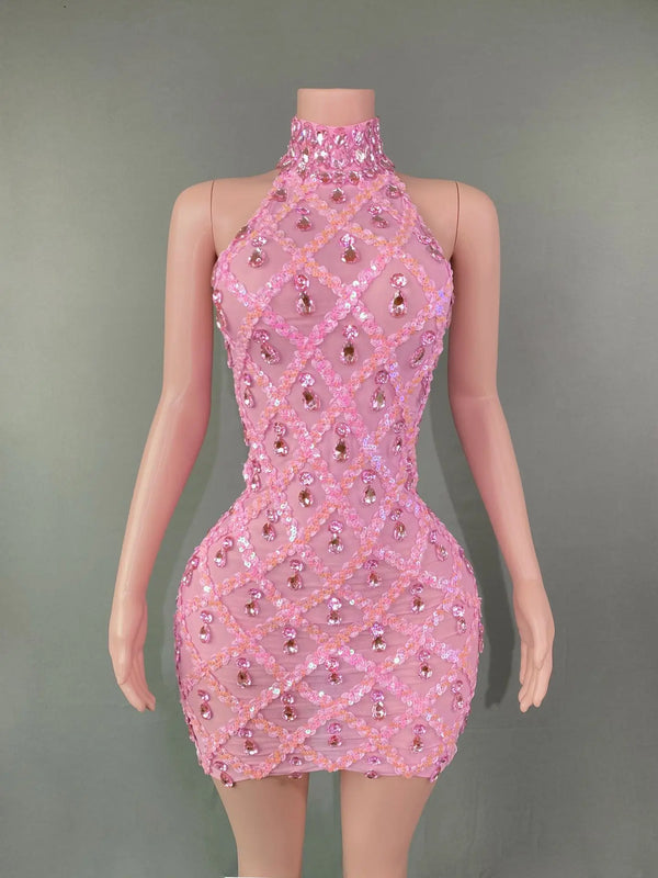 Selena Crystal Sheer Bodycon Halter Mini Dress