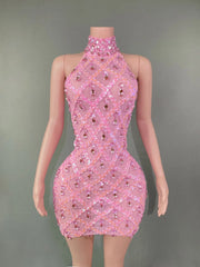 Selena Crystal Sheer Bodycon Halter Mini Dress