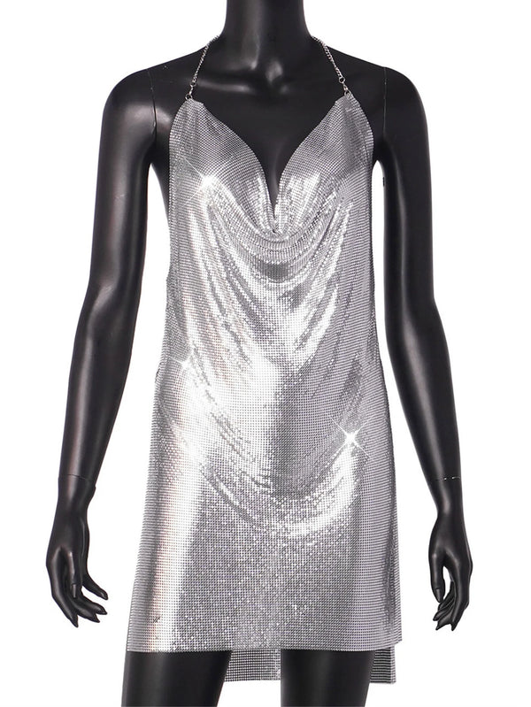 Cosette Metal-Sequin Backless Sheer Mini Dress